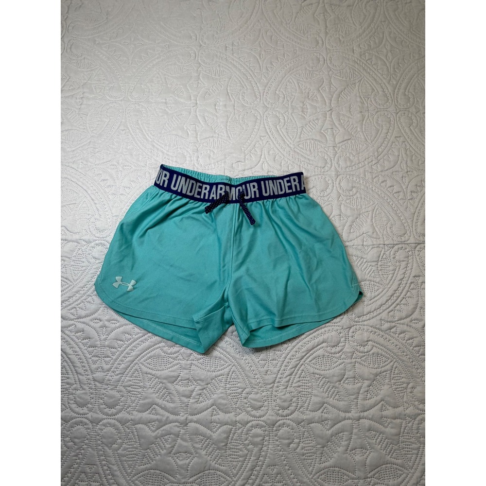 Under Armour Kids HeatGear Teal Athletic Shorts Youth Medium YMD Blue Waistband